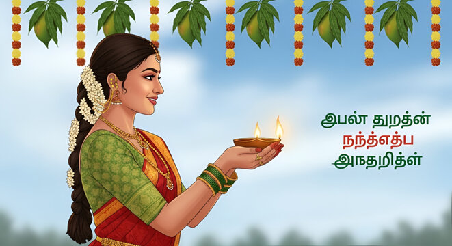 Traditional tamil woman holding lamp greeting for Happy Tamil New Year festival with mango leaves decoration indian culture celebration banner vector illustration