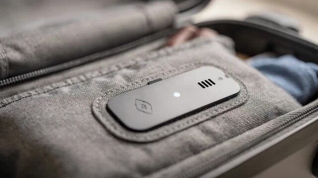 Detailed shot of the smart sensor embedded in a travel case lining with the device in focus and the surrounding environment artfully blurred to showcase its advanced climate