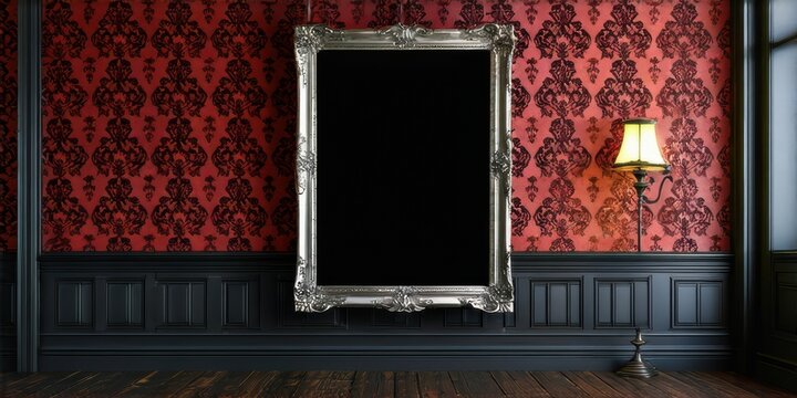Dark room features ornate frame, red wallpaper, black wainscoting. Lamp provides dim illumination. Dramatic, moody interior design.