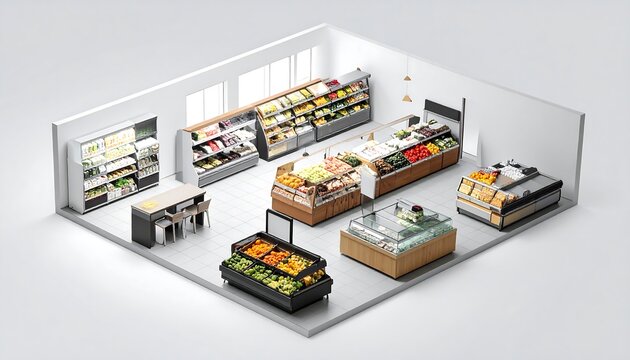 Isometric view of a minimalist, well-lit grocery store interior filled with fresh produce displays