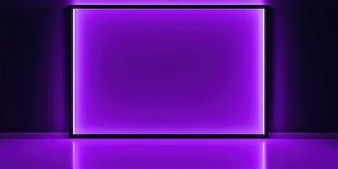 Fototapeta premium Dark room features glowing purple square frame. Reflective floor enhances neon light effect. Minimalist design, modern aesthetic.