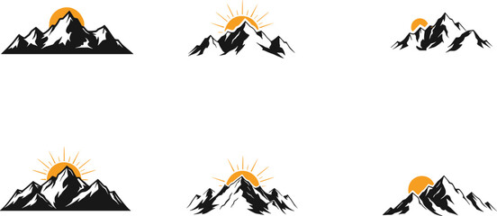 Naklejka premium Mountain peak silhouette with sun rise and sun set icons for outdoor travel brand identity, adventure sport design elements