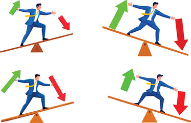 Fototapeta premium Balancing Act: Depicting a person navigating the challenges of market trends, the image showcases a person attempting to balance on a seesaw with opposing arrows.