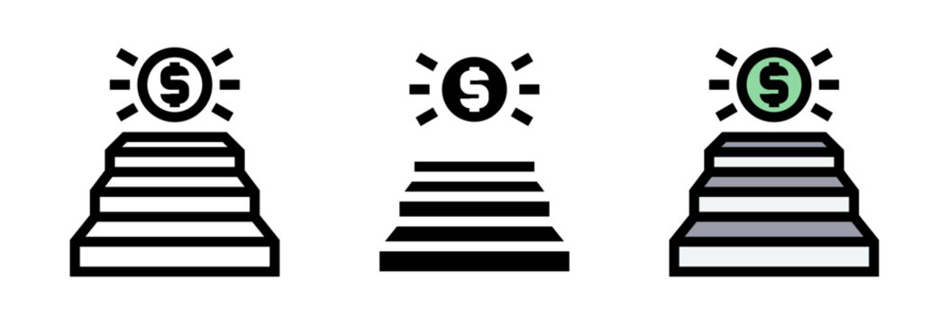 Conjunto de iconos de meta financiera. Escalera hacia moneda, objetivo econ&oacute;mico, progreso financiero, crecimiento monetario, logro de riqueza. Ilustraci&oacute;n vectorial