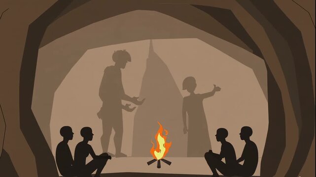 An illustration inspired by Plato's Allegory of the Cave shows a group of people watching shadow puppets on a wall, created by figures before a fire.