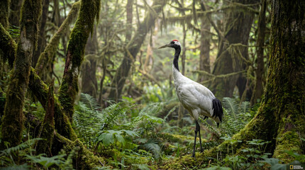 Fototapeta premium Majestic Red crowned Crane Standing in a Lush Mossy Ancient Forest
