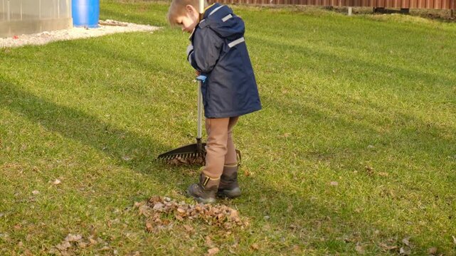 Boy Raking Up Autumn Leaves at the Home Backyard. Fall season. Seasonal garden yard work outside. Busy blonde child helps to mom gardening autumnal lawn. Cute kid learn planting. Young Raker. Chores.