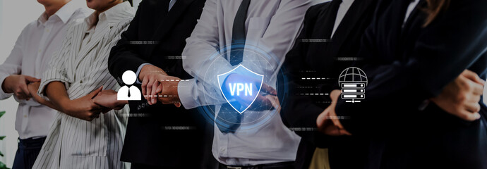 A business team stands united, showcasing their commitment to security with a VPN symbol. This image represents modern workplace collaboration and data protection. Trope © InfiniteFlow