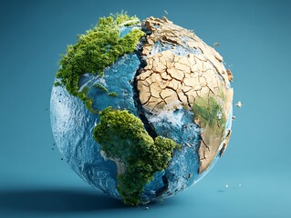 Fototapeta premium A split earth globe showing lush forest versus dry cracked desert, symbolizing climate change, environmental tipping point, and ecological survival.