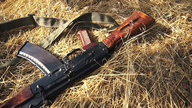 Terrorists' weapons lie on the ground.