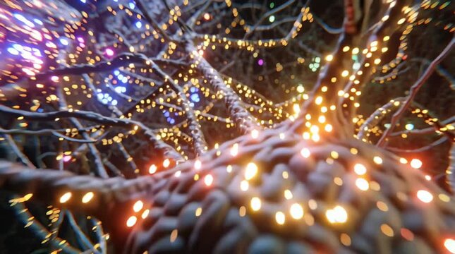 3D inside human brain, neurons luminous skyscrapers, synapses glowing bridges, nerve conduction visualized colorful quantum energy, AI holographic interfaces medical data, futuristic neuroscience