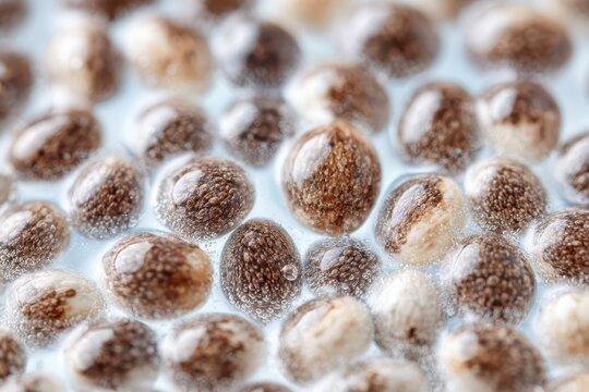 Close-up of soaked chia seeds in water, highlighting their gelatinous coating, nutritional benefits, and versatile culinary applications for a healthy diet.
