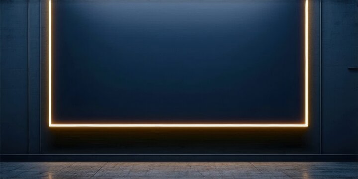 Dark room features rectangular illuminated border. Minimalist design, modern aesthetic, dramatic lighting creates focus. Empty space dominates composition.