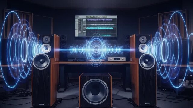 A professional recording studio with speakers and subwoofer emitting blue sound waves
