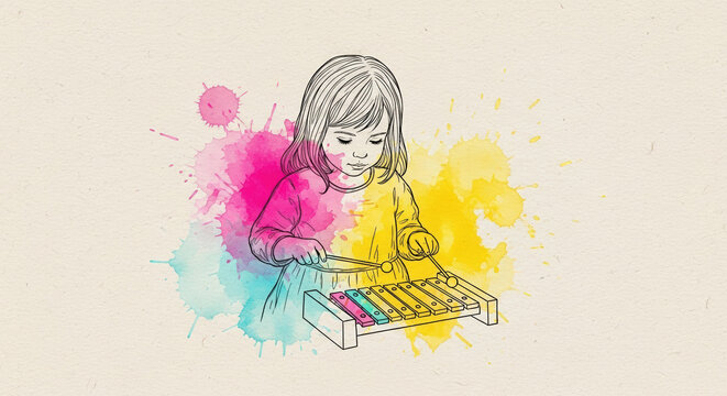 Young girl playing music on colorful xylophone with vibrant background  