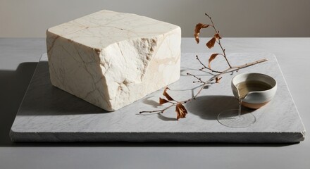 Minimalist composition of a geometric stone block and a small cup