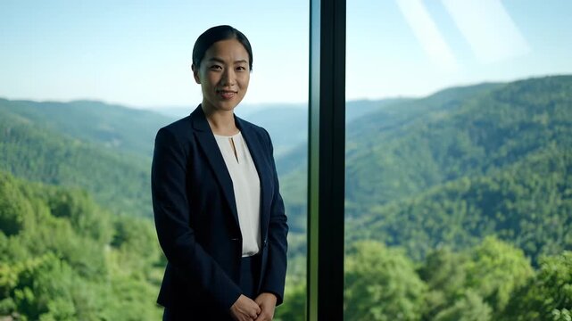 Asian Business Professional and Scenic View: A poised asian business professional stands confidently by a large window, framed by a picturesque landscape.