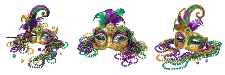 Set of 3 Decorative Mardi Gras Masquerade Masks with Purple Green and Gold Beads Transparent Background PNG © Tor