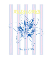 Obraz premium Girl's women's tee tops Summer tropical flower artwork , Typography Slogan wildflower text. pink blue stripe background with hot pink floral. 