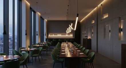 Modern restaurant interior long table chairs windows and stylish lighting