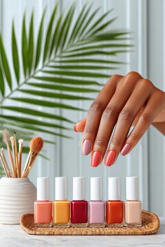 Woman's hand showing coral manicure above row of colorful nail polish bottles on table