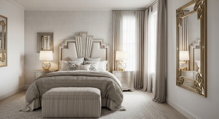 Elegant bedroom interior design with bed mirrors and soft lighting