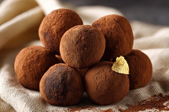 Close up of a stack of decadent dark chocolate truffles with cocoa powder dusting, and a piece of gold leaf, luxurious dessert concept for special occasions.