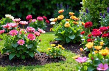 Obraz premium Colorful flower garden featuring pink, red, yellow, and white blooms surrounded by lush green foliage and well-maintained soil in a vibrant outdoor setting