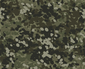 Fototapeta premium Full Seamless dense camouflage pattern built with organic shapes. Khaki green military style print creates a strong background for fabric. Designed for uniforms, clothing, and tactical textile use.