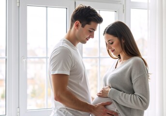 Fototapeta premium Happy pregnant couple standing by window. Husband touching wife's belly. Expecting parents concept