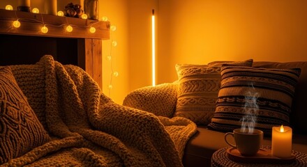 Cozy living room interior with warm lighting and comfortable furnishings