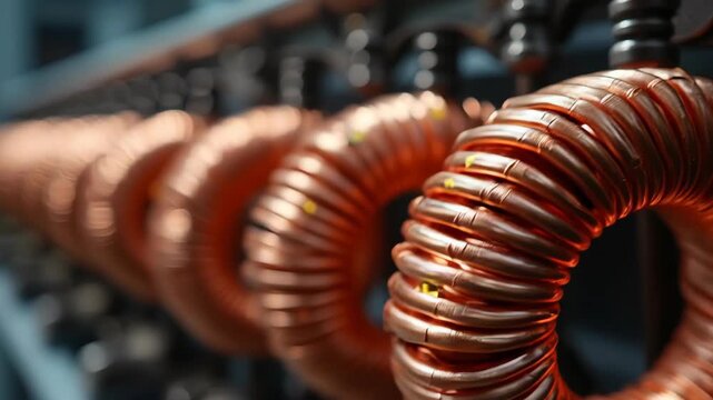 Detailed view of copper wiring coils with reflective surfaces, highlighting electrical component assembly, World Electrical Day 
