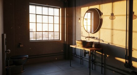 Industrial bathroom design with large window and decorative mirror