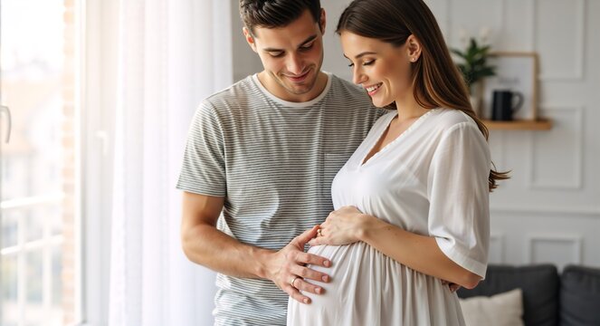 Young pregnant couple holding belly near window at home. Happy husband and wife expecting baby. Maternity and family concept