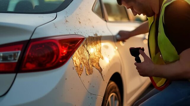 Car insurance accident estimate damage on white vehicle under warm sunset light, driver worried and needing quick help 

