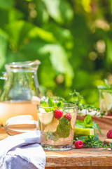 Refreshing raspberry mojito cocktail drink on a summer day