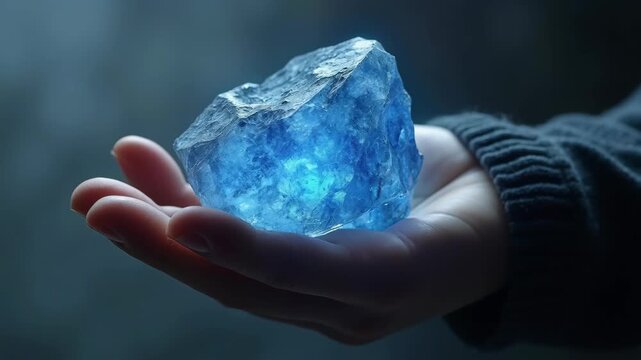 Blue crystal rock glowing mineral rough gemstone human hand black glove critical mineral natural resource rare stone geology specimen raw ore metallic rock mining extraction rare earth supply chain