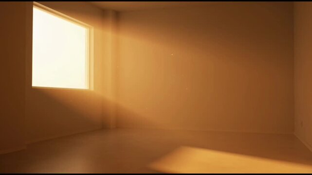 Light streams through a square window into an empty room