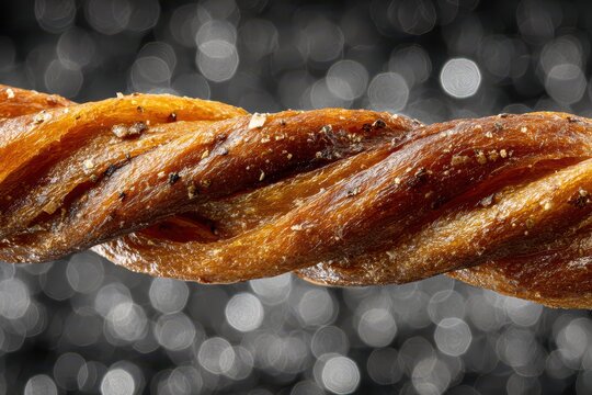 Close-up studio shot of a savory twisted breadstick with sprinkled spices, presenting a warm, golden-brown textured surface against a blurred background.