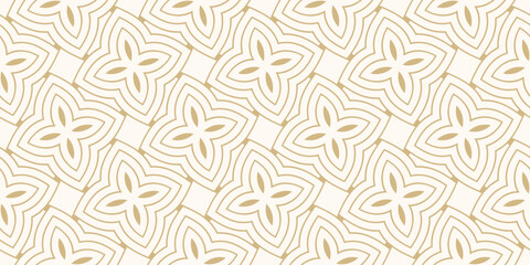 Naklejka premium Golden vector seamless pattern. Elegant geometric floral ornament in oriental style. Luxury gold background with outline flowers, leaves, petals, curved lines. Abstract geo texture. Repeating design