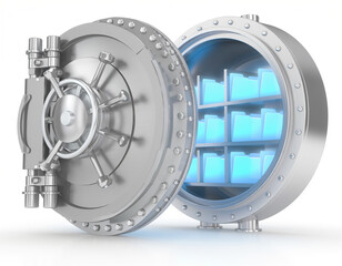 3D open metallic vault door revealing glowing blue data folders