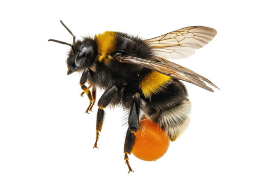 ultra-macro study of a robust bumblebee in flight, textured golden hairs and black/yellow stripes, carrying a spherical orange pollen ball on transparent, microcosm perfection concept