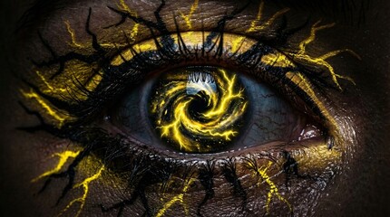 Abstract cosmic vortex reflected in an eye with dramatic yellow and black lightning face paint
