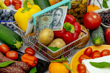 Shopping cart with food and Hungarian money. Financial and business concept. Rising prices in Hungary, increasing food prices. Close up © Rochu_2008