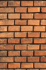 Obraz premium Close-up of a red brick wall showing rough texture, mortar lines and warm sunlight shadows. Ideal for architecture, construction, interior design, backgrounds, vintage or industrial themed projects.