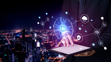 Fototapeta premium Connected AI platform links cloud services, security, finance and mobile workflows, enabling automation, data analytics and governance for modern digital business. Corpus