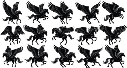 Mythical pegasus winged horse silhouette set collection cad drawing flat vector illustration for fantasy magic fairytale and ancient mythology design. © Robiul