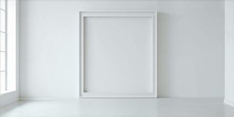 Obraz premium Minimalist interior. Empty frame centered on white wall. Bright window light creates simple, clean aesthetic. Spacious room.