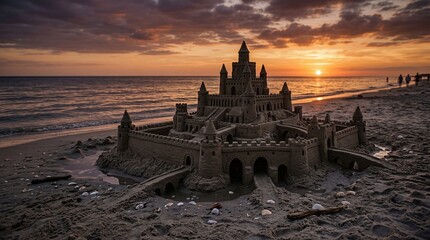 Majestic Sandcastle Fortress Emerges Against a Dramatic Sunset Sky