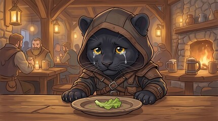 Sad black panther warrior in a tavern crying over meager meal